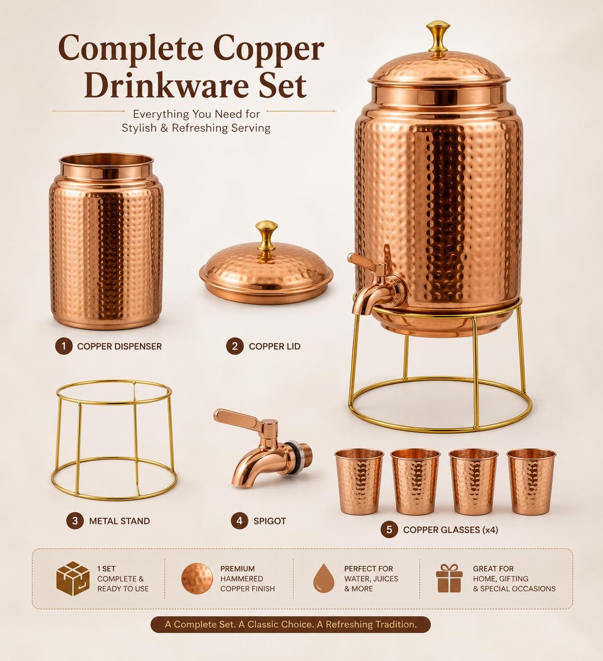 Copper Water Dispenser Storage Water Tank with Tap and set of 4 Copper Glass | Water Pot | Water Storage Tank | 10 Ltr Capacity | 338 Oz