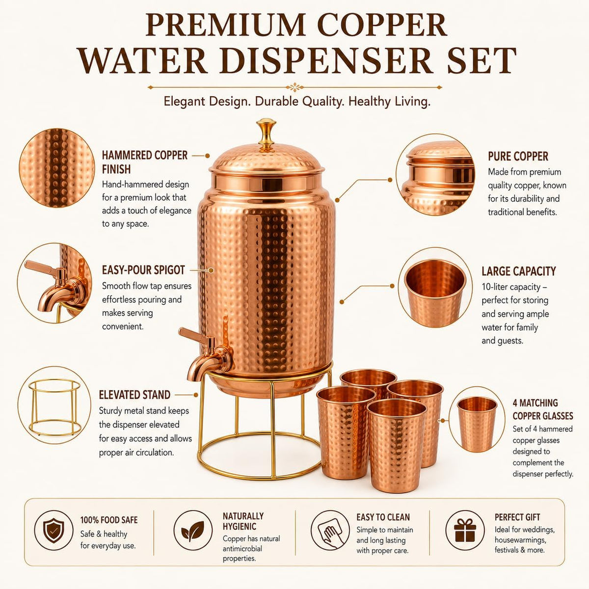 Copper Water Dispenser Storage Water Tank with Tap and set of 4 Copper Glass | Water Pot | Water Storage Tank | 10 Ltr Capacity | 338 Oz