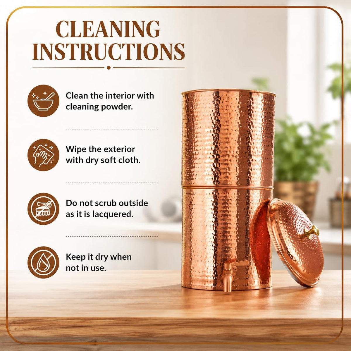 Hammered Copper Filter Water Pitcher with Spigot, Lid, and Candle Filter