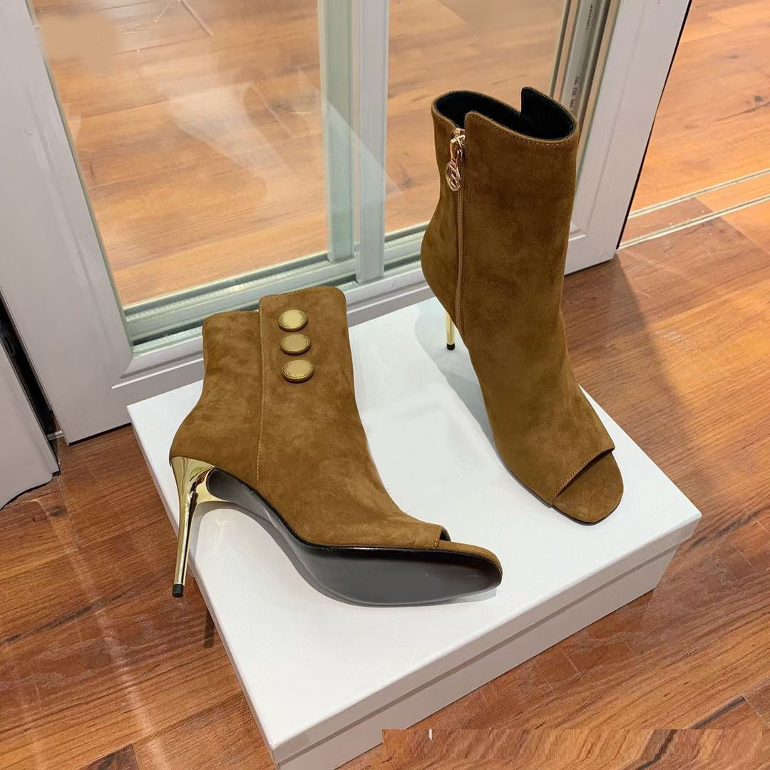 Leather Ankle Boots Super Stiletto Women's Shoes with Fish Mouth Metal Round Buckle