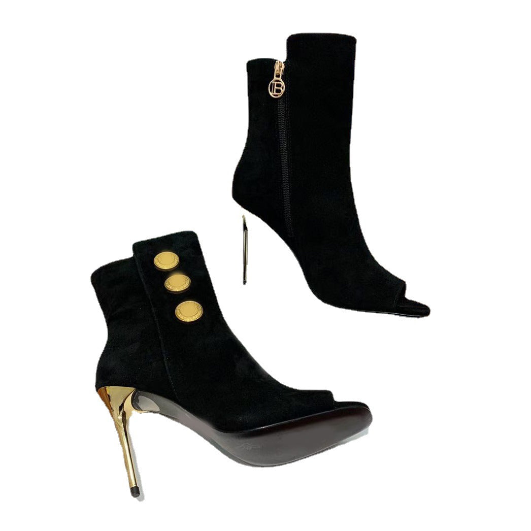 Leather Ankle Boots Super Stiletto Women's Shoes with Fish Mouth Metal Round Buckle