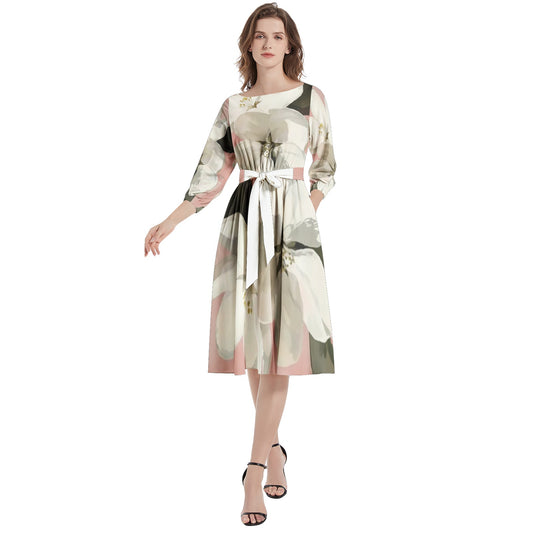 Boat Neck Belted Flared Dress