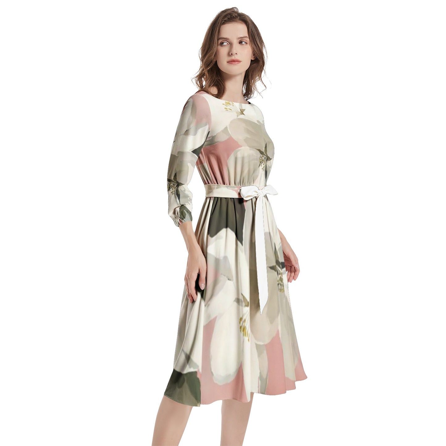 Boat Neck Belted Flared Dress