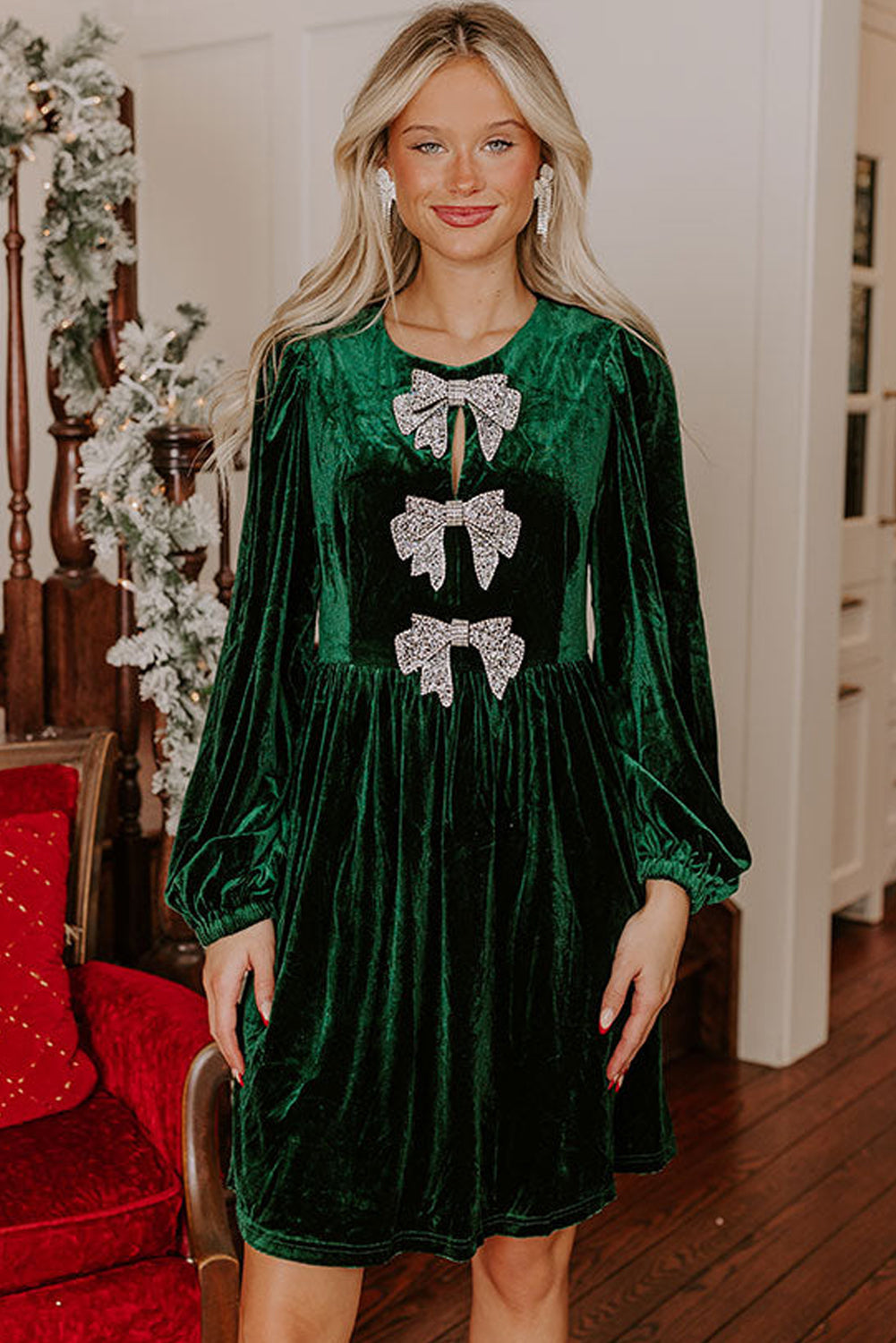 Solstice Evergreen Bowknot Decor High Waist Velvet Mini Dress
