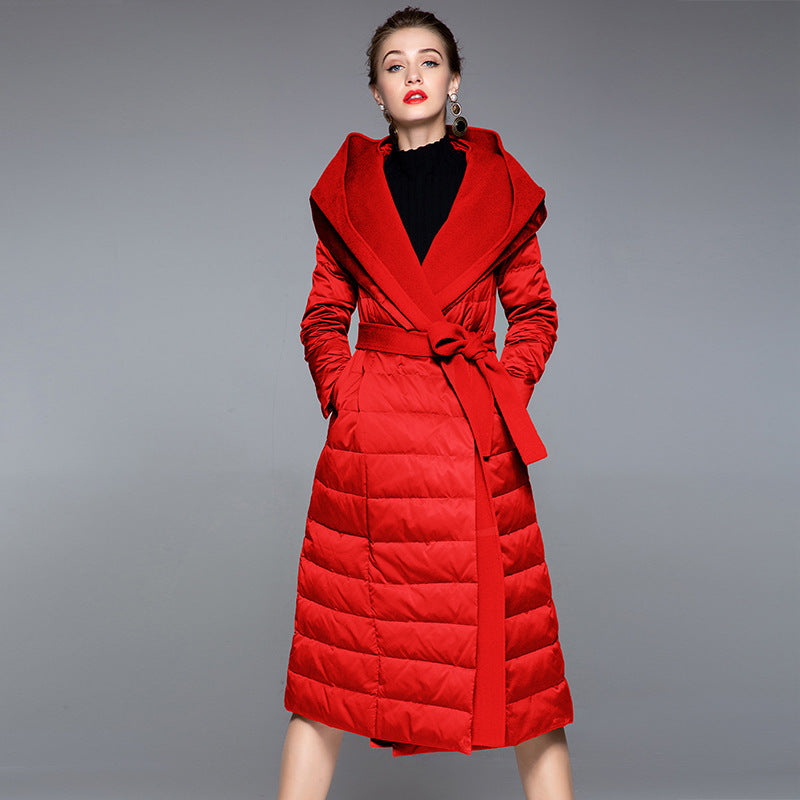 Avantgarde Women's Medium Long Lace Up Patchwork Hooded Down Jacket