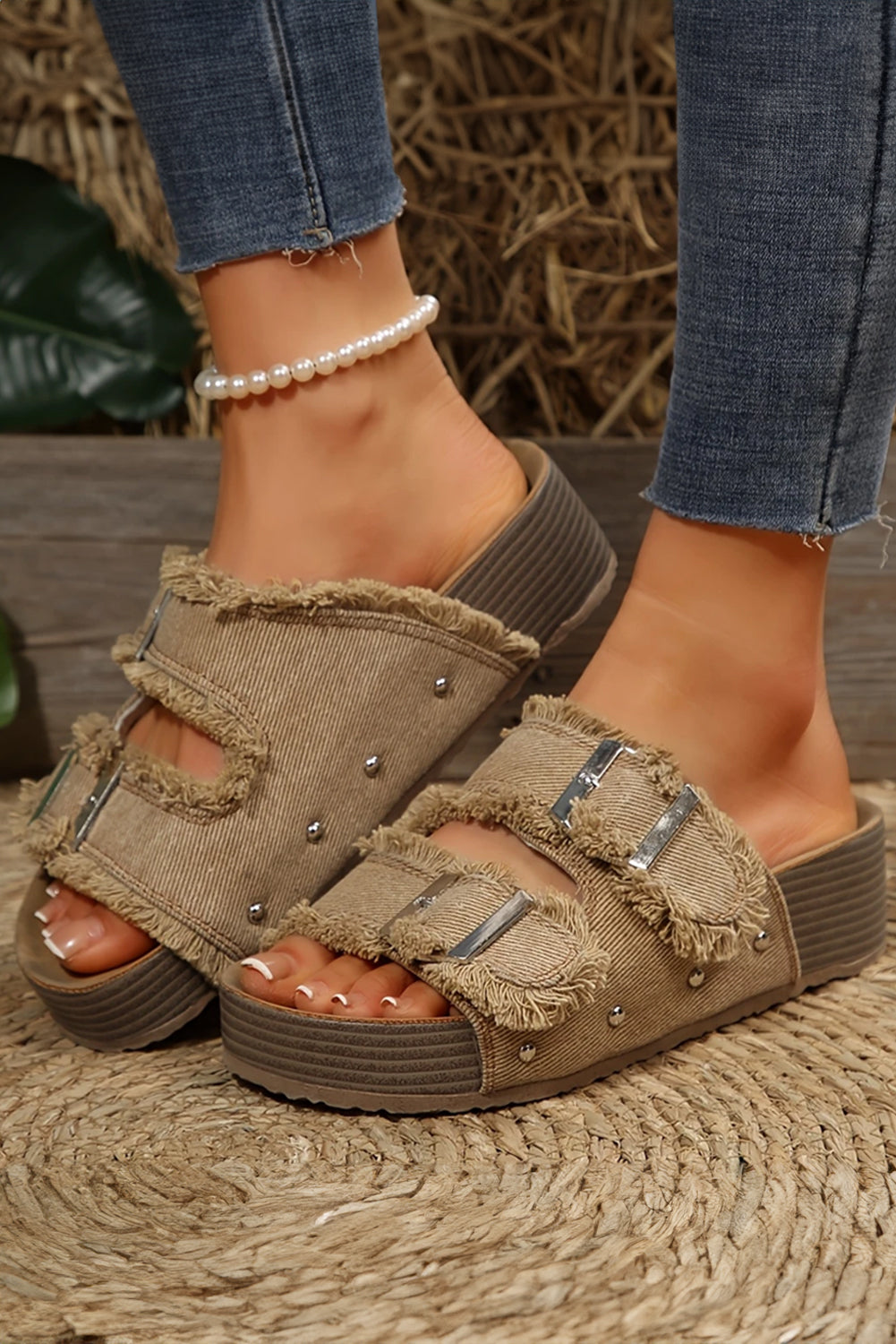Pale Khaki Double Buckle Straps Frayed Detial Retro Slippers