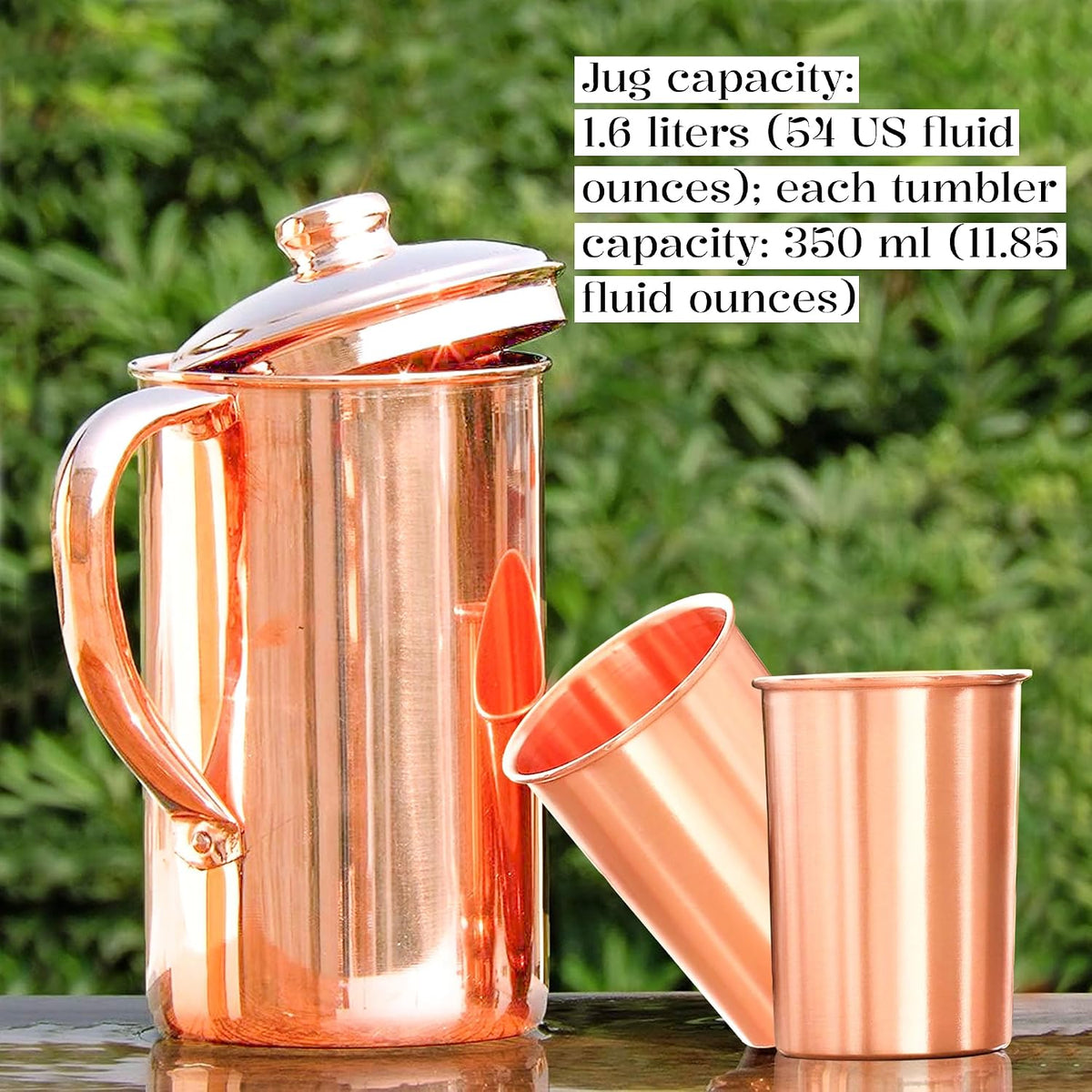 Pure Copper Jug with Lid and 2 Tumblers – Ayurvedic Water Pitcher Set with Copper Cups for Drinking and Storing Water – Handmade Drinkware