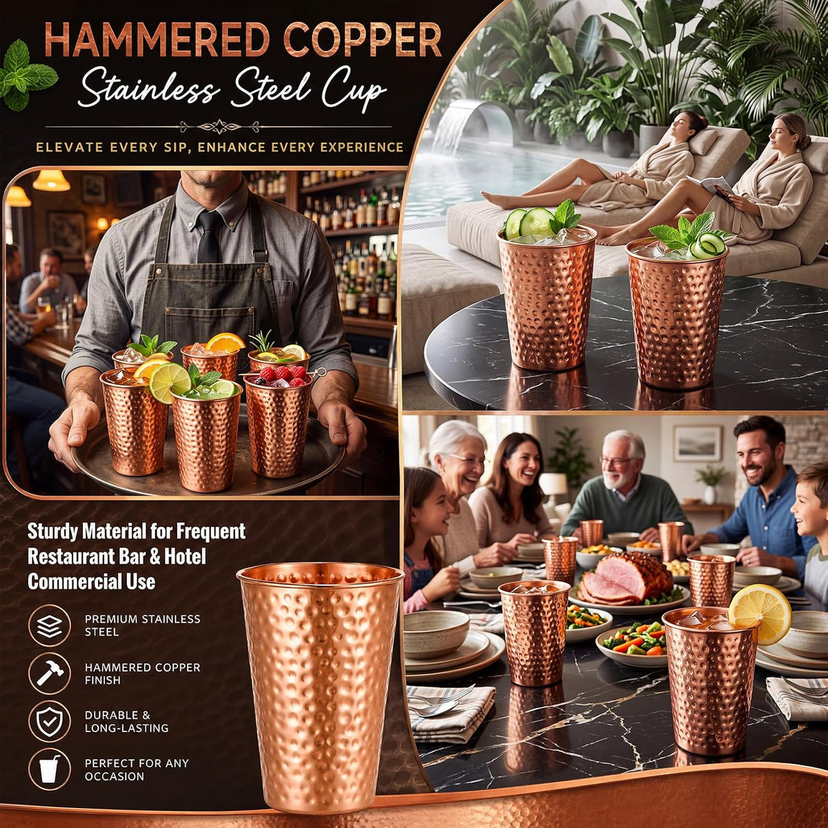 12 Pcs Hammered Copper Plated Cups for Drinking Water Tumbler