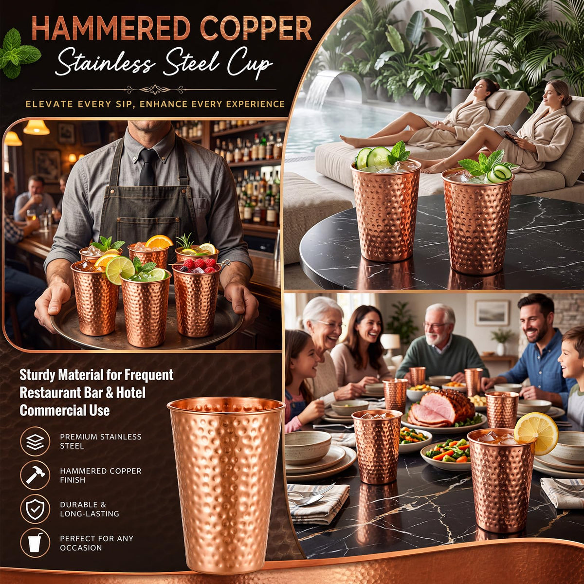 12 Pcs Hammered Copper Plated Cups for Drinking Water Tumbler