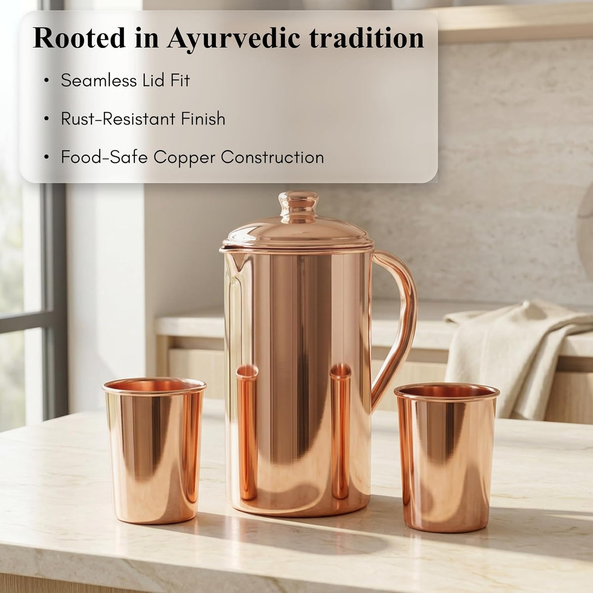 Pure Copper Jug with Lid and 2 Tumblers – Ayurvedic Water Pitcher Set with Copper Cups for Drinking and Storing Water – Handmade Drinkware