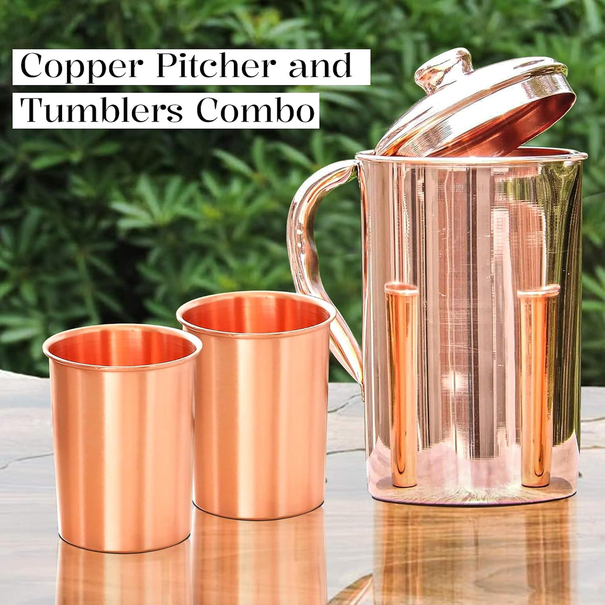 Pure Copper Jug with Lid and 2 Tumblers – Ayurvedic Water Pitcher Set with Copper Cups for Drinking and Storing Water – Handmade Drinkware