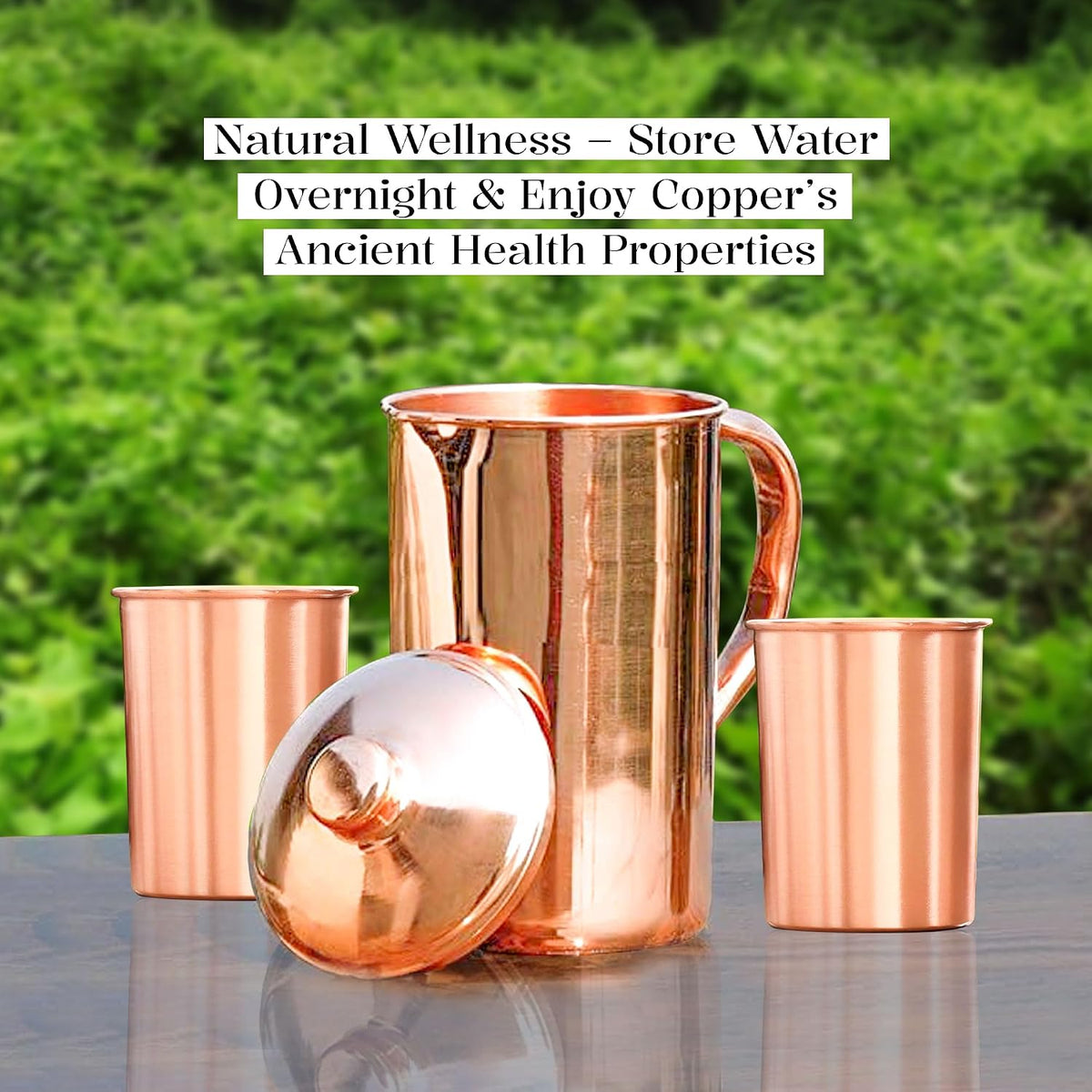 Pure Copper Jug with Lid and 2 Tumblers – Ayurvedic Water Pitcher Set with Copper Cups for Drinking and Storing Water – Handmade Drinkware