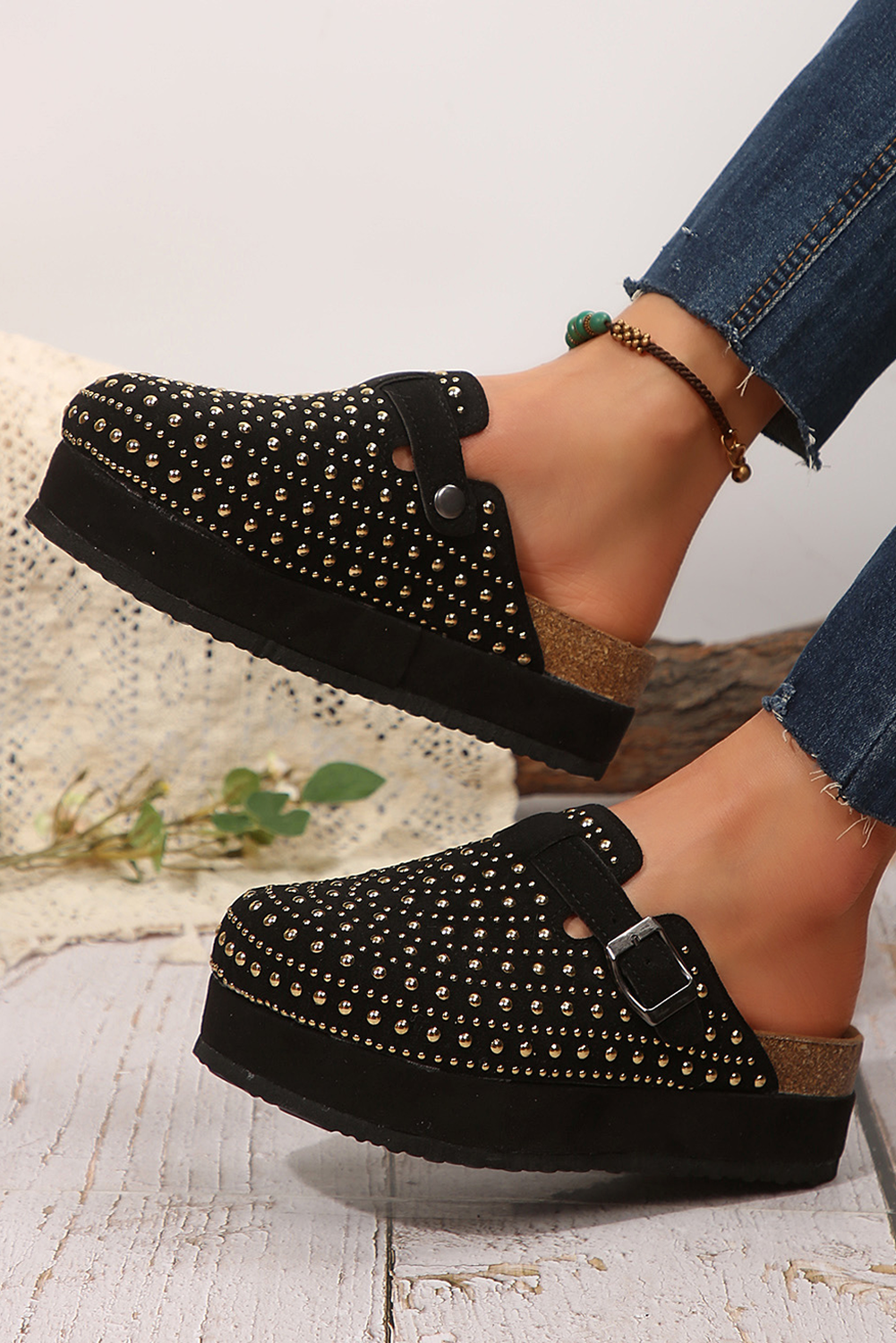 Solstice Black Vintage Studded Platform Slippers
