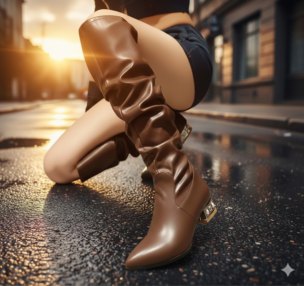 Women Winter Slouch Knee High Boots Golden Sparkly Crystal Boots
