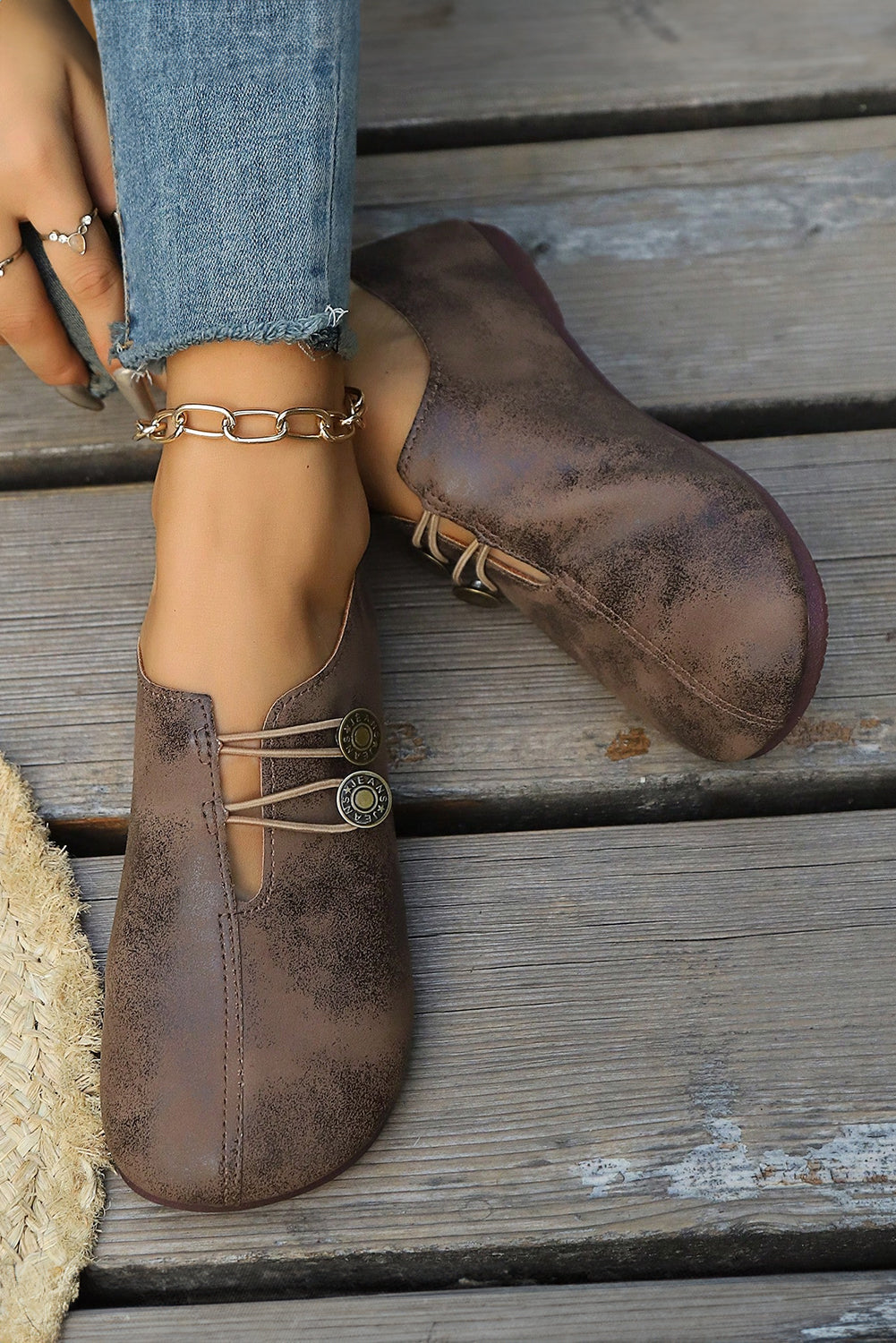 Cool Coffee Button Detail Vintage Faux Leather Loafer Shoes