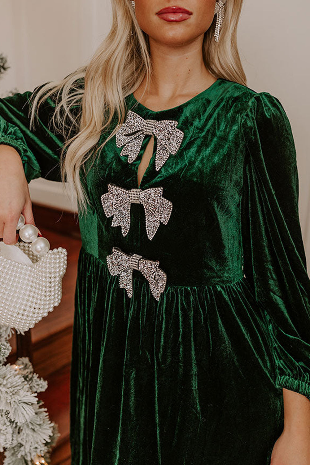 Solstice Evergreen Bowknot Decor High Waist Velvet Mini Dress