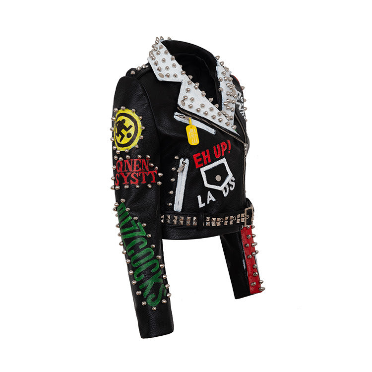 Alternative Graffiti Print Motorcycle Leather Jacket