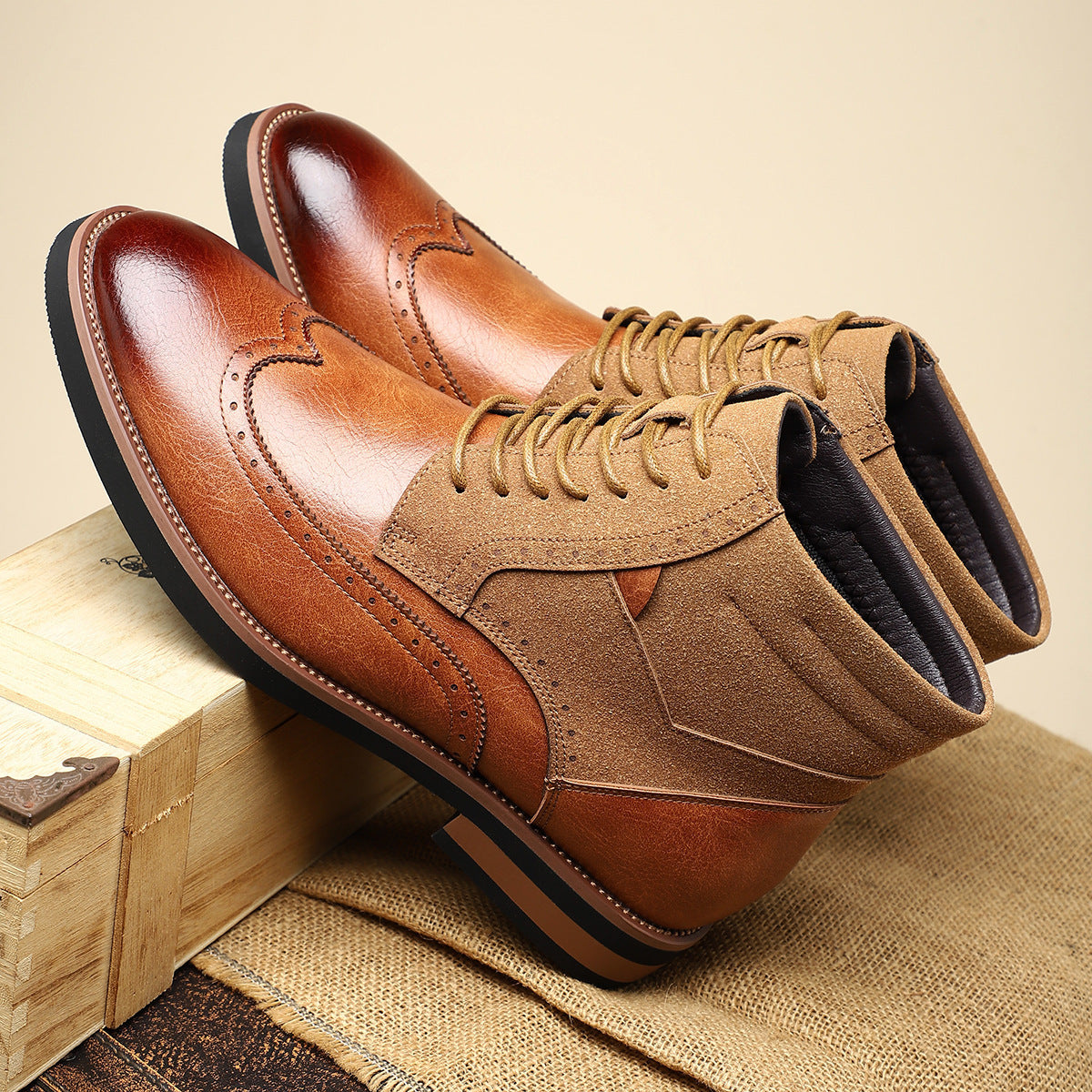 Solstice dandy Style Luxury Retro Boots Mid-top Carved Men's