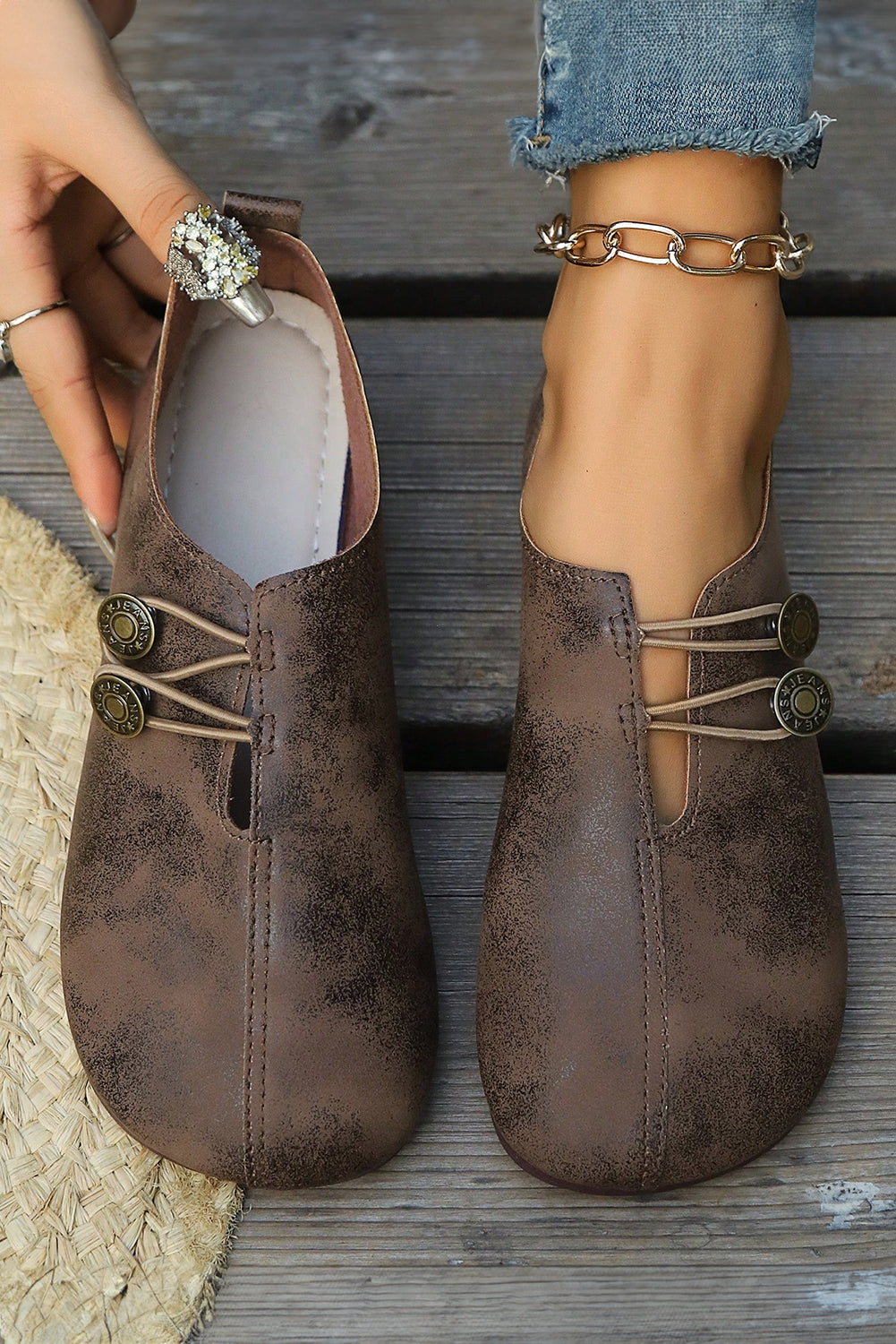 Cool Coffee Button Detail Vintage Faux Leather Loafer Shoes