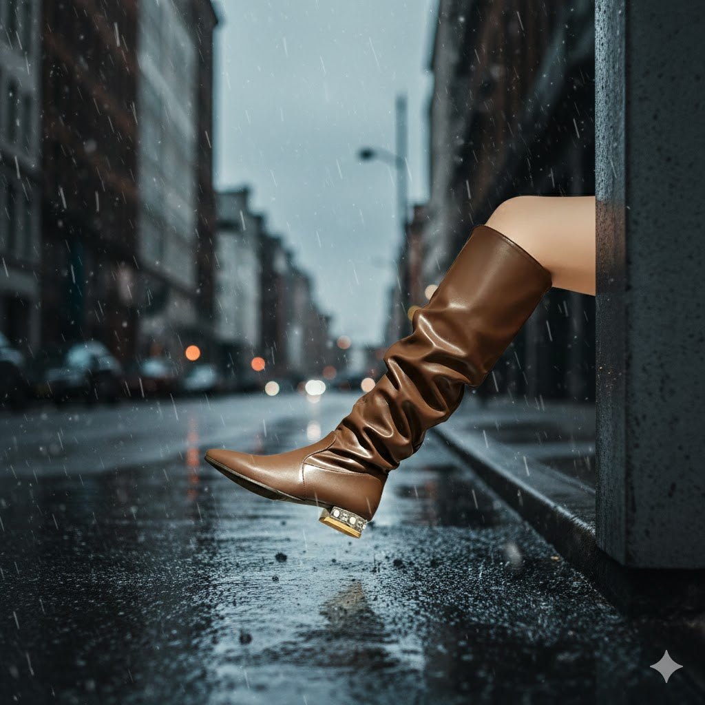 Women Winter Slouch Knee High Boots Golden Sparkly Crystal Boots