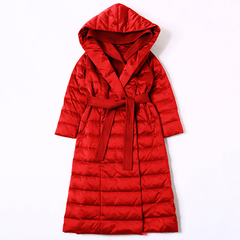 Avantgarde Women's Medium Long Lace Up Patchwork Hooded Down Jacket