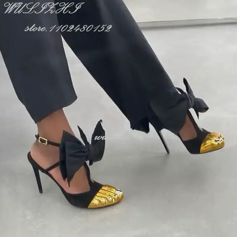 Black Strappy Gold Round Toe Five-Finger Sandals Girl Stiletto Ankle Straps Summer Suede Hollow Heels Catwalk Street Style Shoes