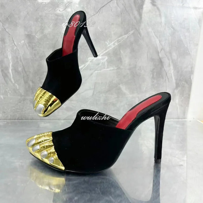 Black Strappy Gold Round Toe Five-Finger Sandals Girl Stiletto Ankle Straps Summer Suede Hollow Heels Catwalk Street Style Shoes