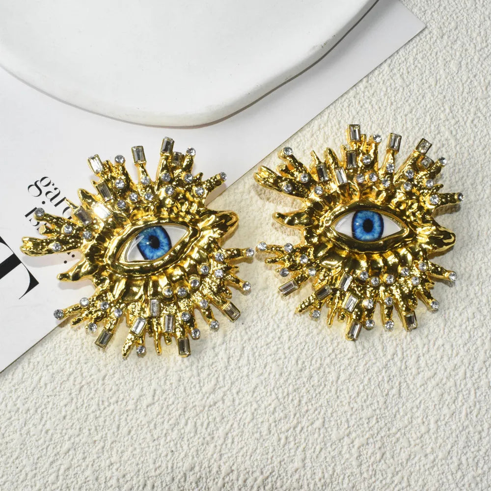 Baroque Style Metal Golden Plated Eyes Tassel Dangle Earrings Ring Brooch For Women Fashion Jewelry Exaggerated Accessories