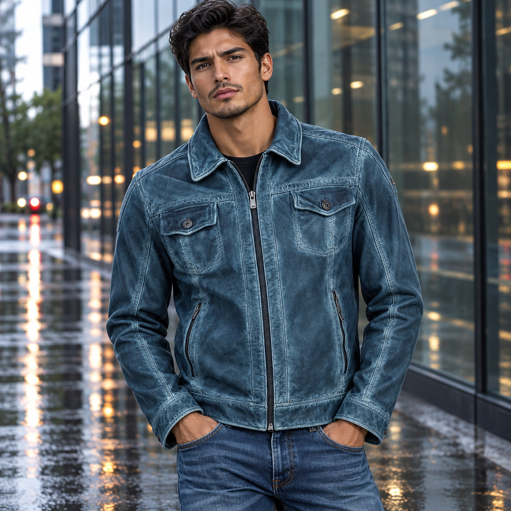 Mens Real Blue Leather Jacket Slim Fit Biker Motorcycle Vintage Distressed Cowhide Coat Custom Classic Fashion Outerwear Winter