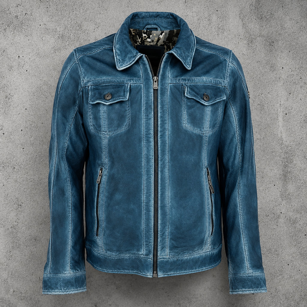 Mens Real Blue Leather Jacket Slim Fit Biker Motorcycle Vintage Distressed Cowhide Coat Custom Classic Fashion Outerwear Winter