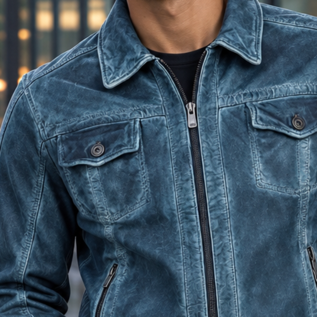 Mens Real Blue Leather Jacket Slim Fit Biker Motorcycle Vintage Distressed Cowhide Coat Custom Classic Fashion Outerwear Winter