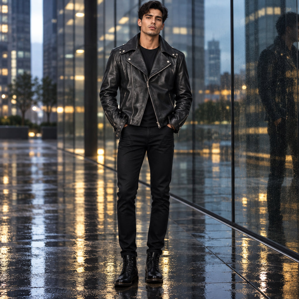Mens Real Black Leather Jacket Asymmetrical Zip White Stitch Belted Waist Sheepskin Biker Coat Custom Vintage Winter Outerwear