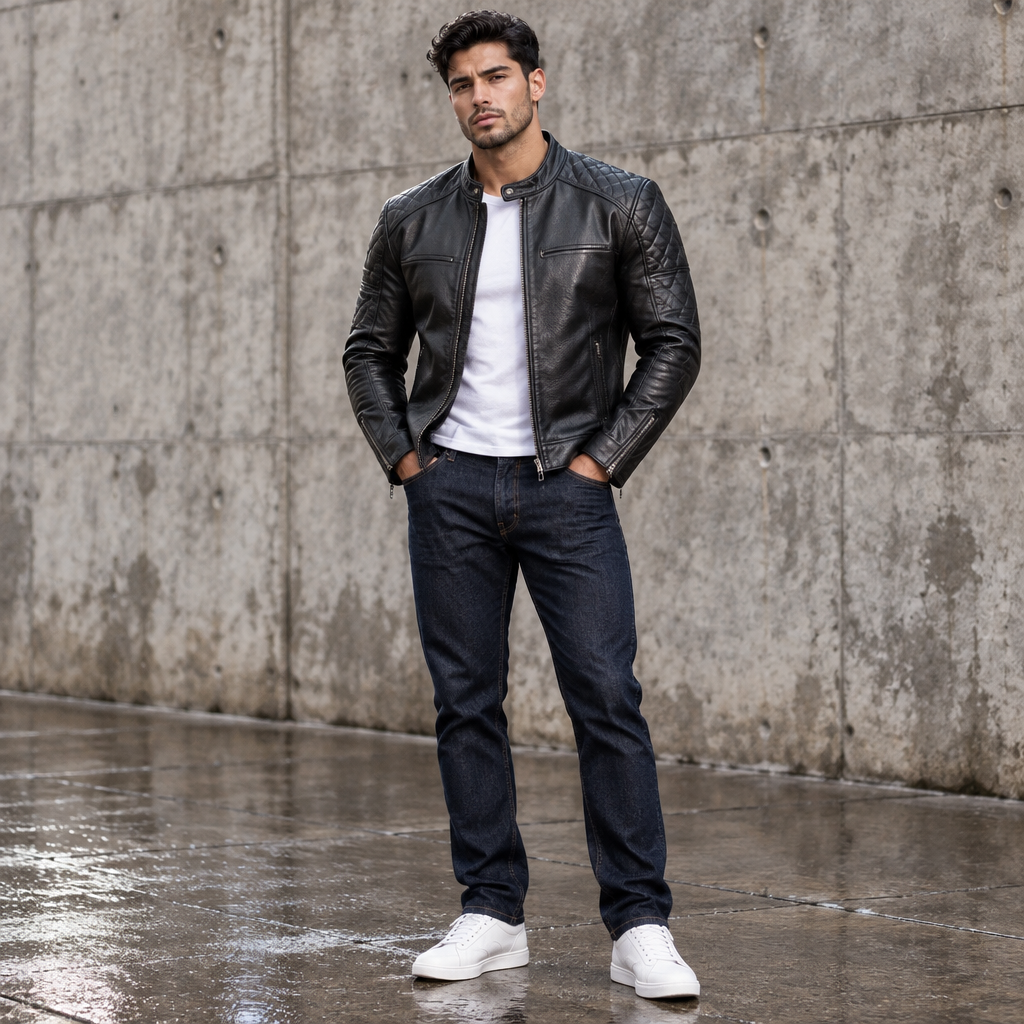 Mens Genuine Leather Biker Jacket Black Motorcycle Moto Jacket Asymmetrical Zip Quilted Shoulder Leather Outerwear