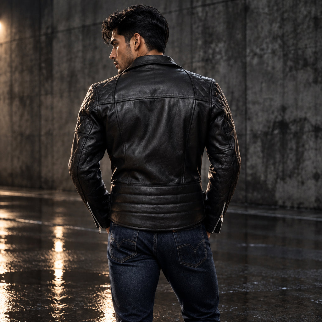 Mens Genuine Leather Biker Jacket Black Motorcycle Moto Jacket Asymmetrical Zip Quilted Shoulder Leather Outerwear