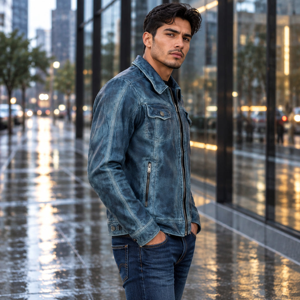 Mens Real Blue Leather Jacket Slim Fit Biker Motorcycle Vintage Distressed Cowhide Coat Custom Classic Fashion Outerwear Winter