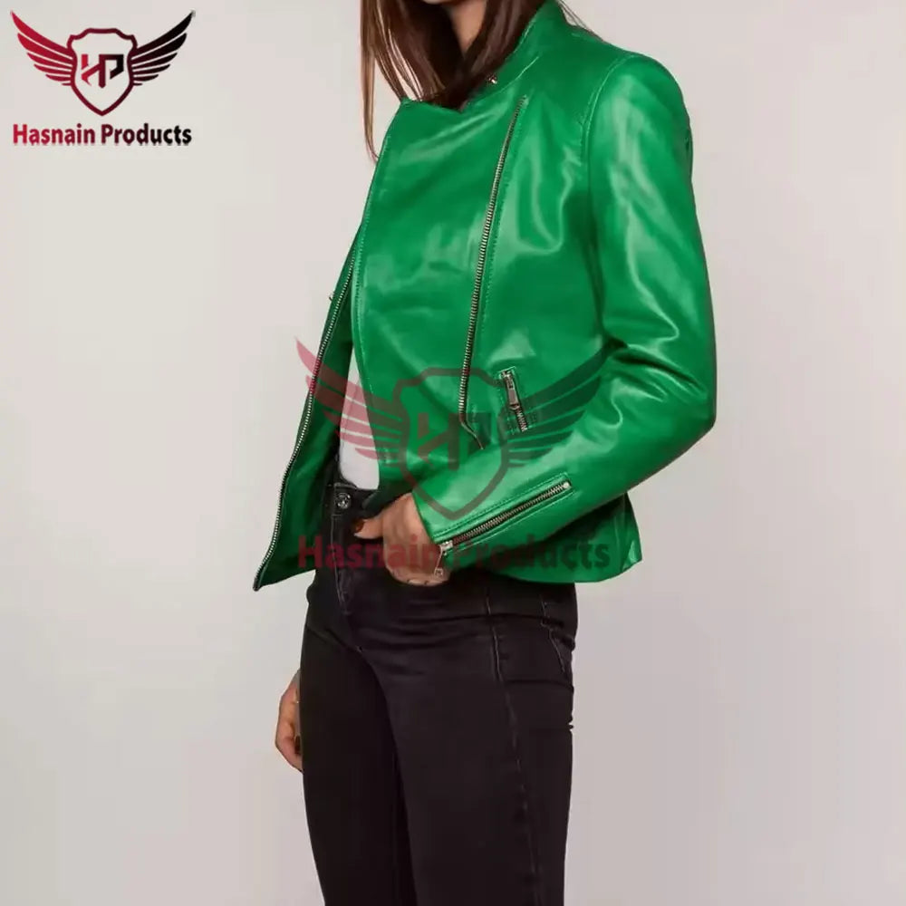 Womens Real Green Leather Biker Jacket Asymmetric Zip Stand Collar Sheepskin Coat Zipper Pockets Slim Fit Custom Outwear Look