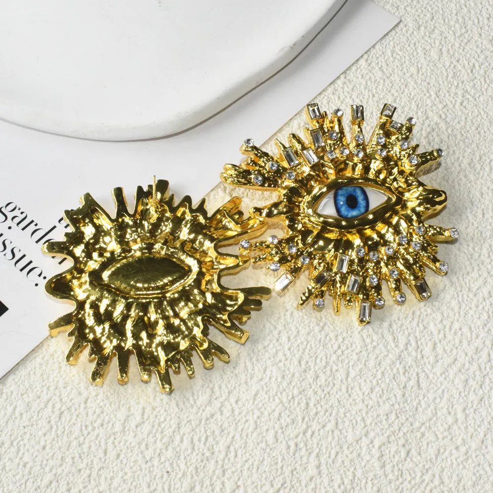 Baroque Style Metal Golden Plated Eyes Tassel Dangle Earrings Ring Brooch For Women Fashion Jewelry Exaggerated Accessories