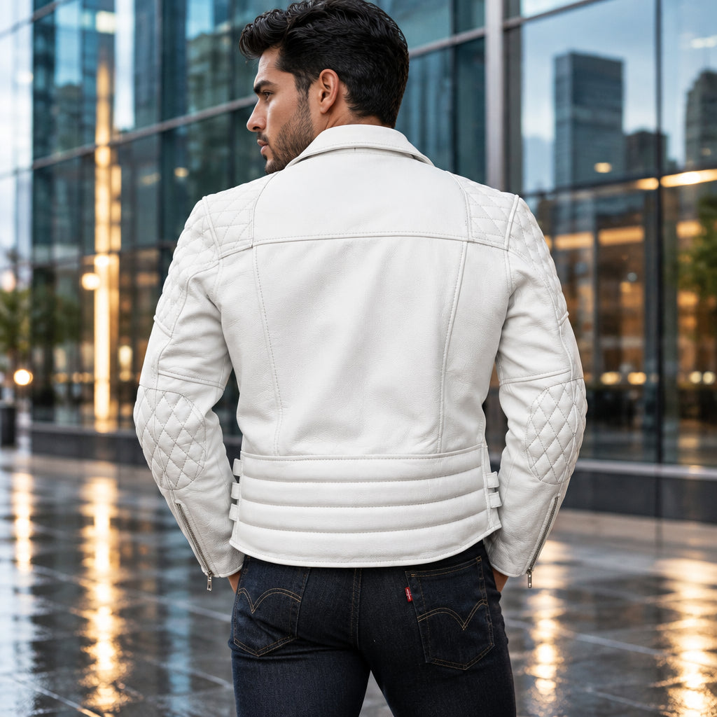 Mens Real White Leather Jacket Asymmetrical Zip Quilted Shoulder Pockets Sheepskin Biker Coat Custom Vintage Winter Outerwear