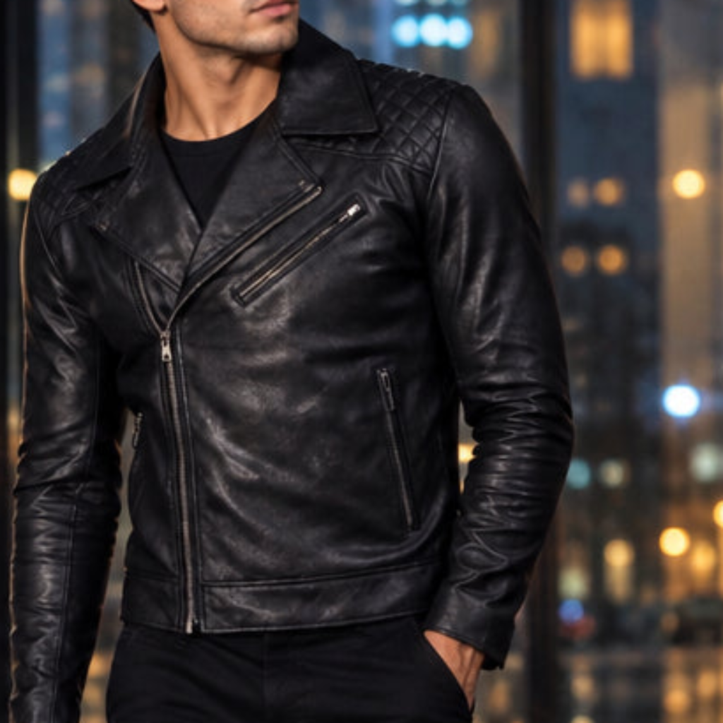 Mens Real Black Leather Jacket Asymmetrical Zip Quilted Shoulder Zip Pockets Sheepskin Biker Coat Custom Vintage Winter Outer