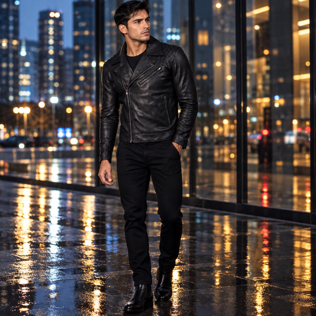 Mens Real Black Leather Jacket Asymmetrical Zip Quilted Shoulder Zip Pockets Sheepskin Biker Coat Custom Vintage Winter Outer