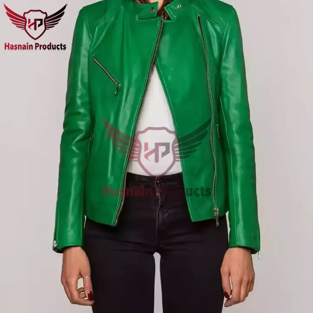 Womens Real Green Leather Biker Jacket Asymmetric Zip Stand Collar Sheepskin Coat Zipper Pockets Slim Fit Custom Outwear Look