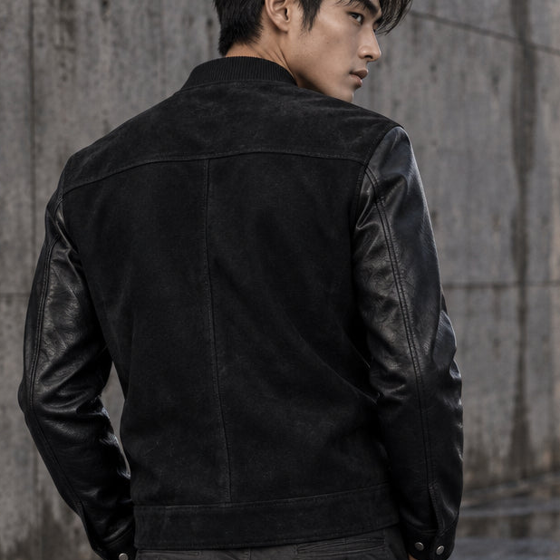 Mens Real Suede Leather Jacket Black Leather Sleeves Zip Front Stand Collar Sheepskin Bomber Coat Custom Hybrid Smart Outerwear