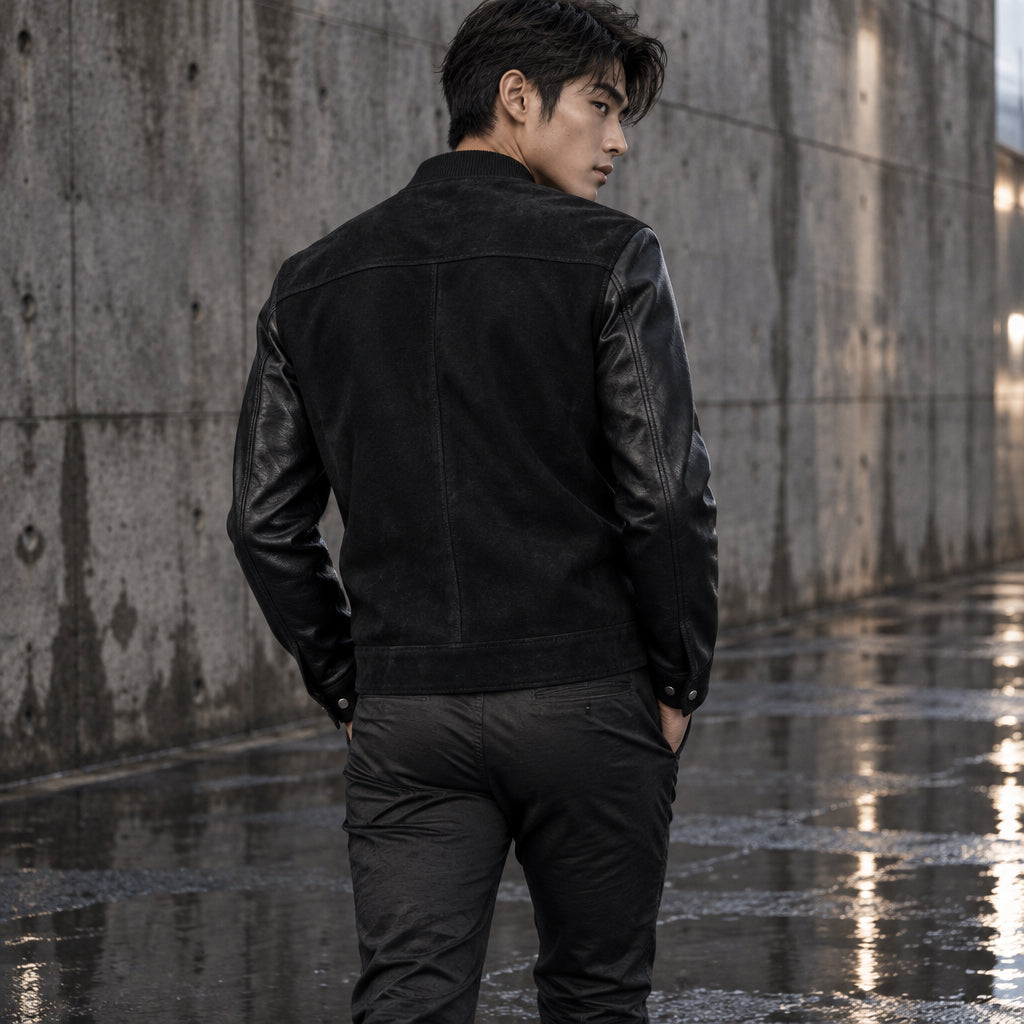 Mens Real Suede Leather Jacket Black Leather Sleeves Zip Front Stand Collar Sheepskin Bomber Coat Custom Hybrid Smart Outerwear