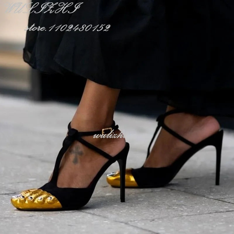 Black Strappy Gold Round Toe Five-Finger Sandals Girl Stiletto Ankle Straps Summer Suede Hollow Heels Catwalk Street Style Shoes