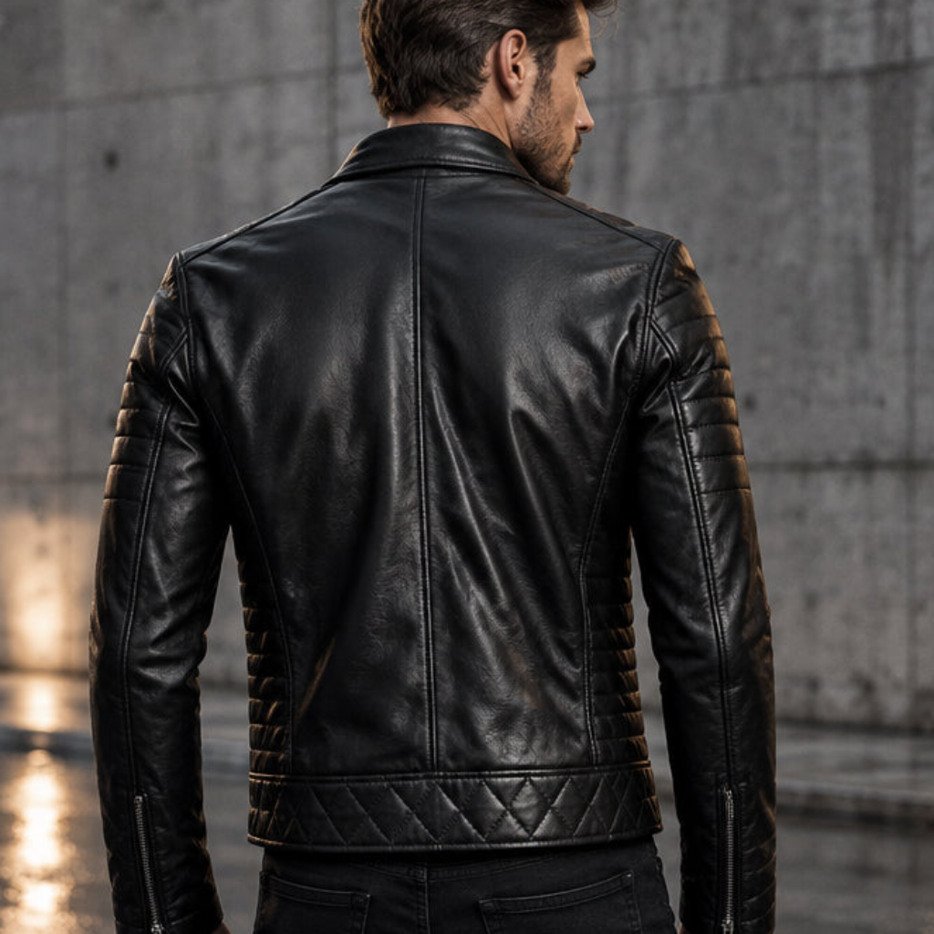 Mens Real Black Leather Jacket Asymmetrical Zip Quilted Shoulder Zip Pockets Sheepskin Biker Coat Custom Vintage Winter Outer