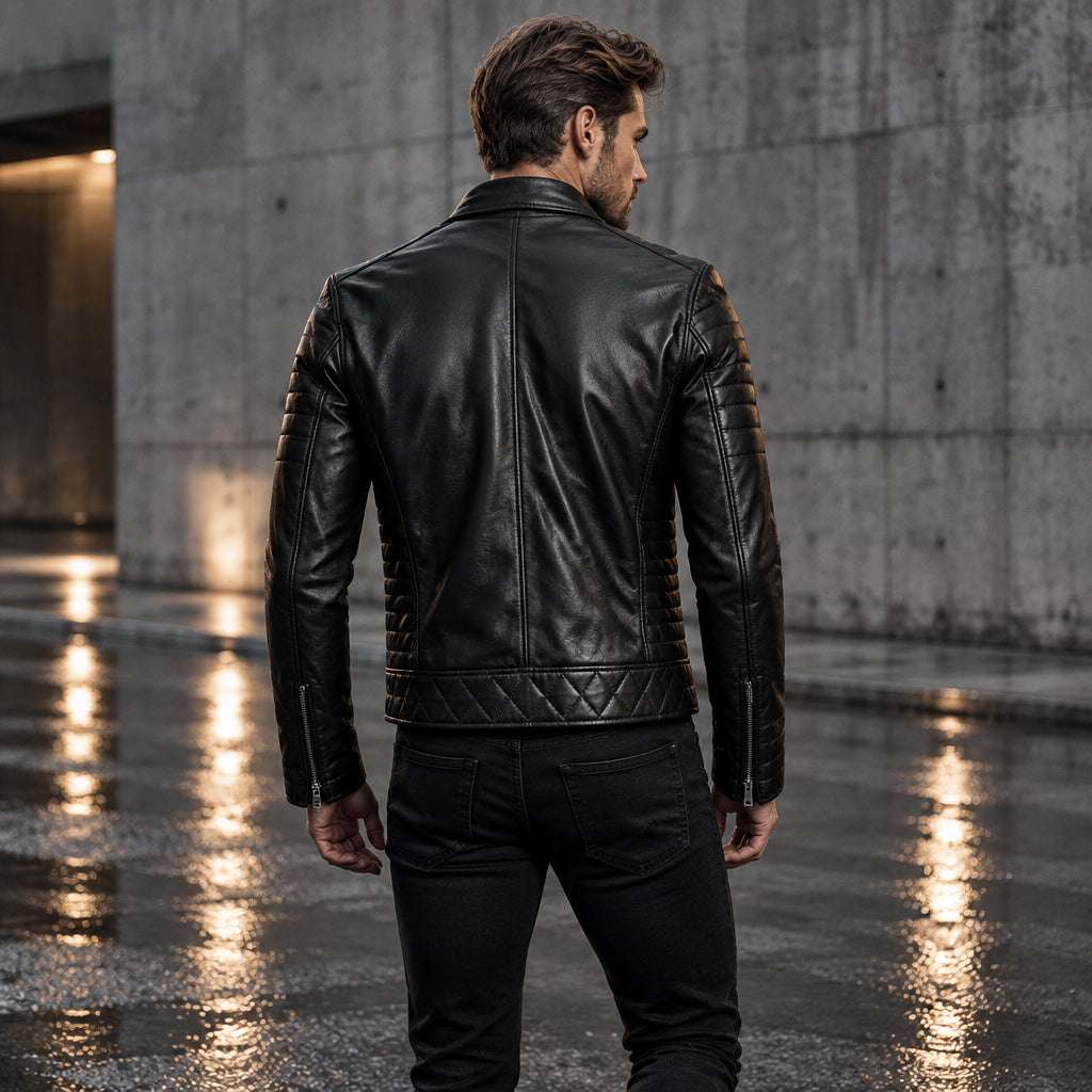 Mens Real Black Leather Jacket Asymmetrical Zip Quilted Shoulder Zip Pockets Sheepskin Biker Coat Custom Vintage Winter Outer