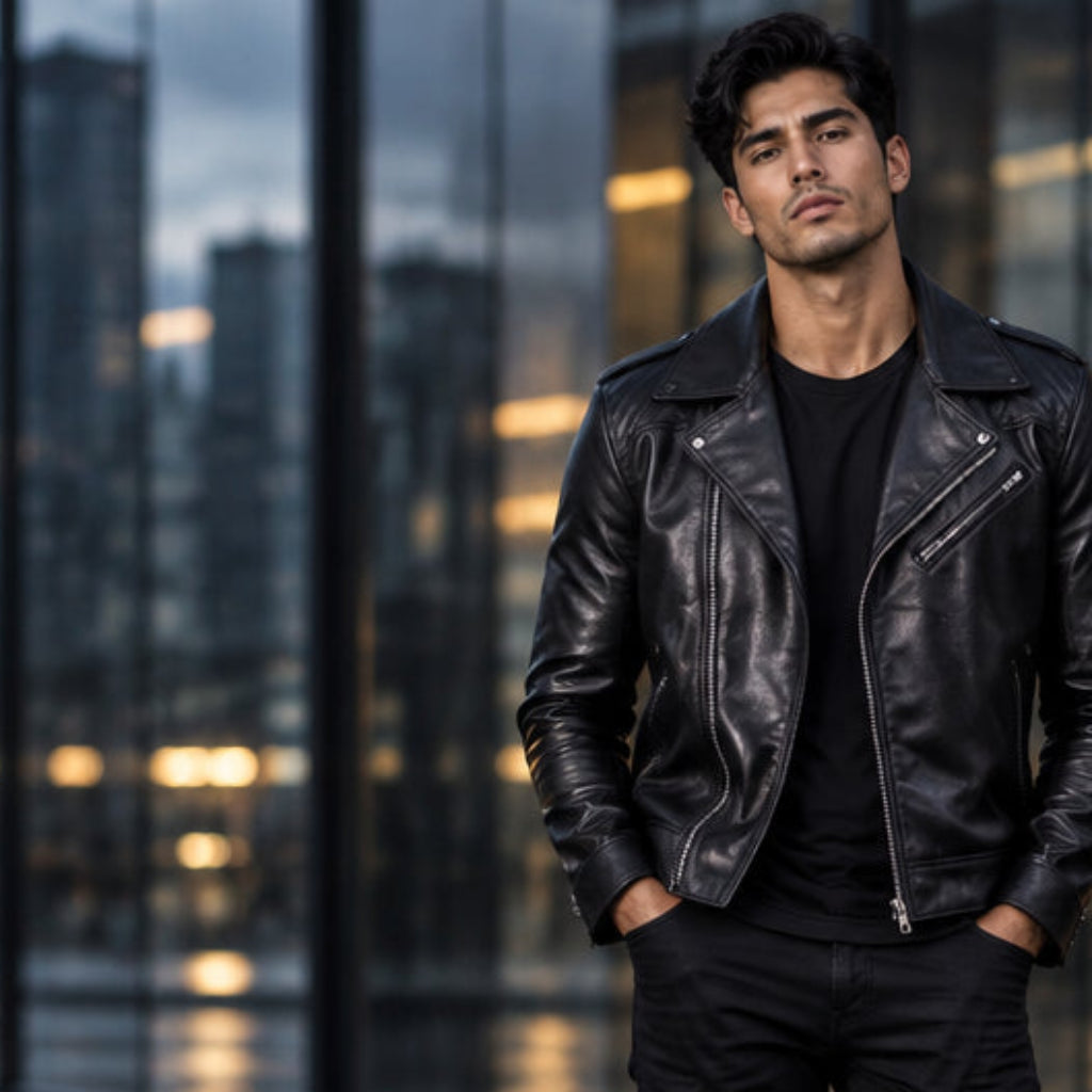 Mens Real Black Leather Jacket Asymmetrical Zip Quilted Shoulder Zip Pockets Sheepskin Biker Coat Custom Vintage Winter Outer