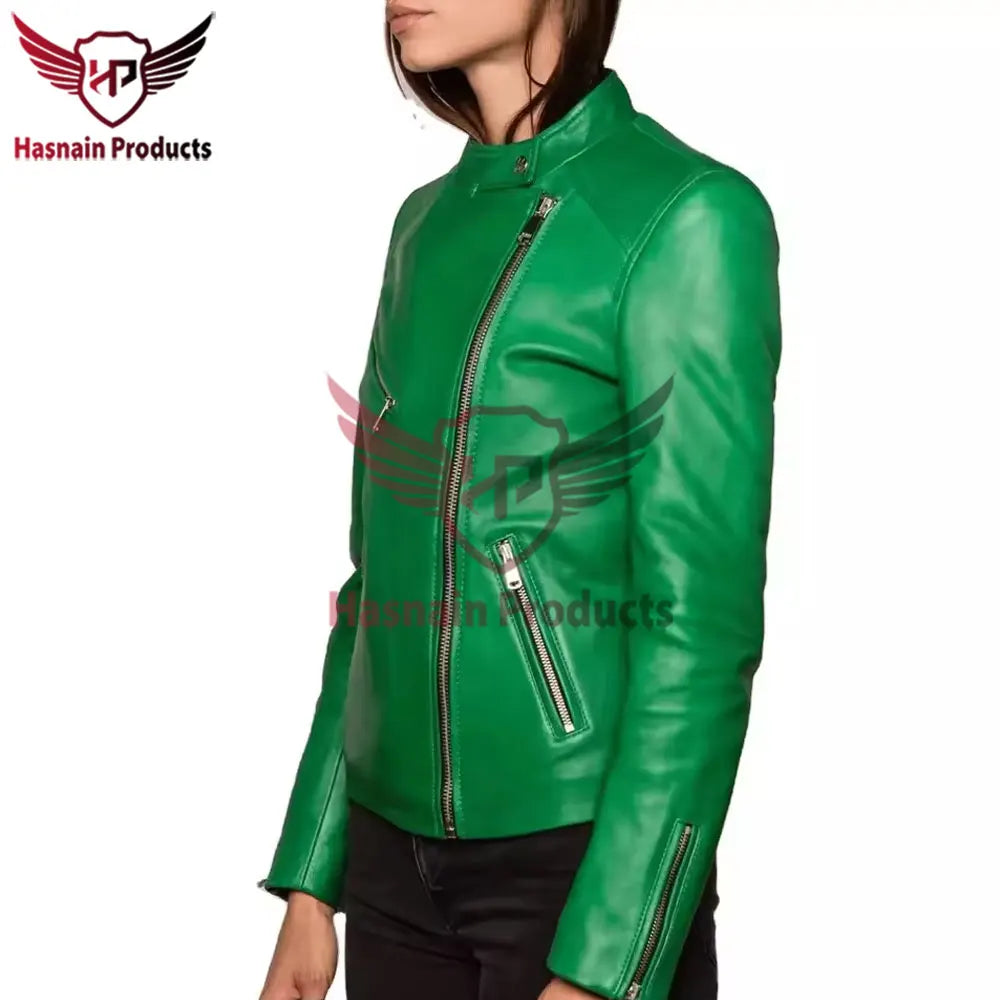 Womens Real Green Leather Biker Jacket Asymmetric Zip Stand Collar Sheepskin Coat Zipper Pockets Slim Fit Custom Outwear Look