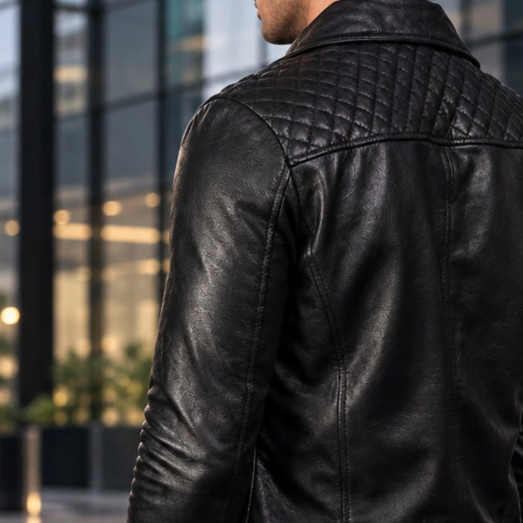 Mens Real Black Leather Jacket Asymmetrical Zip Quilted Shoulder Zip Pockets Sheepskin Biker Coat Custom Vintage Winter Outer