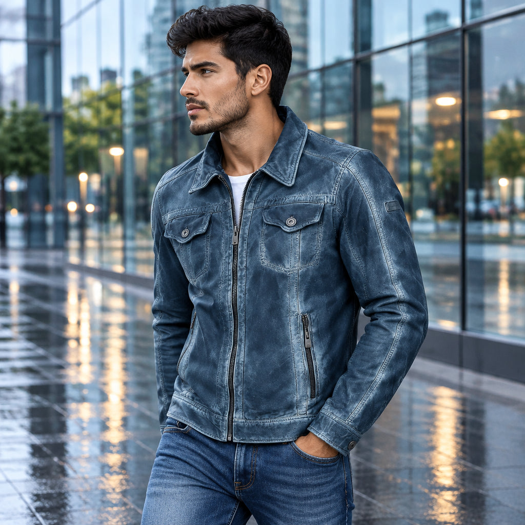 Mens Real Blue Leather Jacket Slim Fit Biker Motorcycle Vintage Distressed Cowhide Coat Custom Classic Fashion Outerwear Winter